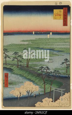 Moto-Hachiman Shrine, Sumamura, No. 29 in One Hundred Famous Views of Edo Utagawa Hiroshige (Ando) (Japanese, 1797-1858). , 4th month of 1856. Woodblock print, Image: 13 3/8 x 9 in. (34 x 22.9 cm).  In this composition delicately balancing land and water, Hiroshige has hidden from direct view the main object of attraction in the Sunamura area, the Moto-Hachiman Shrine. Only a stone torii, or gate, marking its entrance from the south and a tiny segment of a subshrine that lies behind Hiroshige's signature to the left are visible. The viewpoint is from within the shrine precincts, in front and a Stock Photo