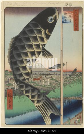 Suido Bridge and Surugadai (Suidobashi Surugadai), No. 48 from One Hundred Famous Views of Edo Utagawa Hiroshige (Ando) (Japanese, 1797-1858). , 5th month of 1857. Woodblock print, Sheet: 14 1/4 x 9 1/4 in. (36.2 x 23.5 cm).  Without the three immense carp banners, this view would have been a classic depiction of samurai Edo, looking southwest over the densest single concentration of samurai households in the city, from Surugadai on the left through Banchō in the distance. The banners and streamers indicate that the time is the Boy's Festival, the fifth day of the Fifth Month. The three carp a Stock Photo