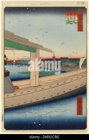 Distant View of Kinryuzan Temple and Azuma Bridge (Azumabashi Kinryuzan Enbo), No. 39 from One Hundred Famous Views of Edo Utagawa Hiroshige (Ando) (Japanese, 1797-1858). , 8th month of 1857. Woodblock print, 14 1/4 x 9 5/16in. (36.2 x 23.7cm).  The pleasure boat in the foreground of this scene features a stylish, discreetly hidden geisha. Accompanying her would be one or two guests, perhaps another geisha, and no doubt an attendant or two. The shower of petals fluttering by suggests that they have just enjoyed a day viewing cherry blossoms. Beyond is the 'distant view' of the title. To the ri Stock Photo