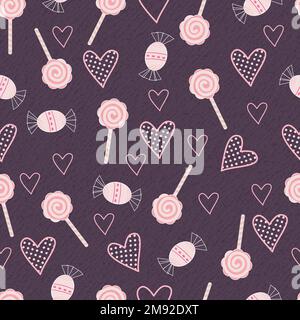 Pattisserie background, lollipop, cake slice, candy and ice cream elements on pink and purple backtround, seamless pattern Stock Vector
