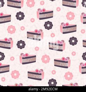 Pattisserie background, lollipop, cake slice, candy and ice cream elements on pink and purple backtround, seamless pattern Stock Vector