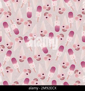 Pattisserie background, lollipop, cake slice, candy and ice cream elements on pink and purple backtround, seamless pattern Stock Vector