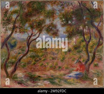 The Vineyards at Cagnes (Les Vignes à Cagnes) Pierre-Auguste Renoir (French, 1841-1919). , 1908. Oil on canvas, 18 1/4 x 21 3/4 in. (46.4 x 55.2 cm).  Here, Pierre-Auguste Renoir depicts a woman reading beneath an olive tree on his estate near Cagnes, in the South of France. The property offered panoramic views of the countryside, and he made many such landscapes there, capturing radiant light, lush vegetation, and moments of quiet leisure in colorful, feathery brushstrokes. Although his freely handled technique is quintessentially modern, his composition—foreground trees framing the receding Stock Photo