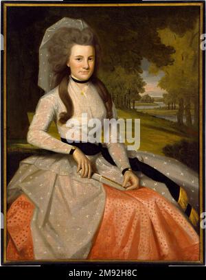 Clarissa Seymour (later Mrs. Truman Marsh) Ralph Earl (American, 1751-1801). Clarissa Seymour (later Mrs. Truman Marsh), 1789. Oil on canvas, 47 9/16 x 35 15/16 in. (120.8 x 91.3 cm).  Ralph Earl prepared this canvas by applying two overall priming layers, dark red followed by gray. These layers were not fully dried when he began painting the portrait. As the priming continued to dry, it pulled the upper image layers apart, revealing the darker colors below, as in the skirt. The sloped, soft edges of these drying cracks distinguish them from age cracks, which have sharper, broken edges. Becaus Stock Photo
