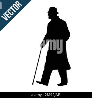 Old man silhouette with stick on white background, vector illustration Stock Vector