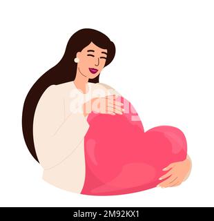 Woman holding love heart for valentine. Volunteer with charity and support symbol. Hope, charitable help, donation, kindness, warmth concept. Flat vec Stock Vector