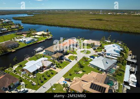 Destroyed by hurricane Ian suburban coastal houses in Florida home residential area. Consequences of natural disaster Stock Photo
