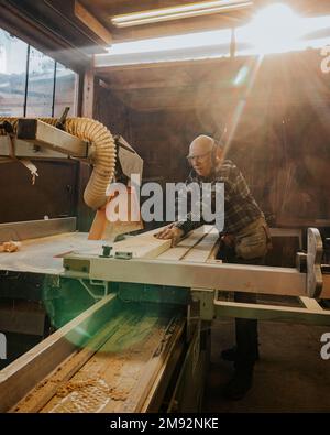 Concentrated mature male woodworker in protective goggles and headphones cutting wooden plank on saw table in joinery Stock Photo