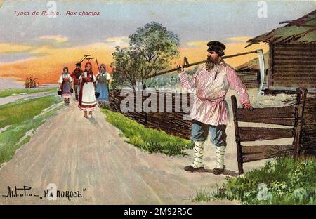 Postcard showing men and women preparing to go mowing either wheat or flax ca.  before 1917 Stock Photo