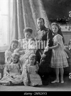 Nicholas II and family in a formal photograph, taken for the occasion of Tsarevich Alexei's Christening ca.  1904 Stock Photo