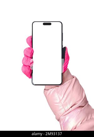 Phone in gloved girl hand. Isolated background for app design promotion. Fron position. Display with Stock Photo