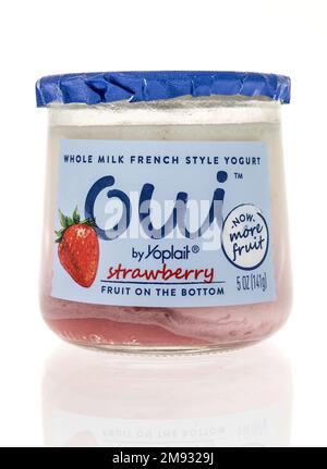 Winneconne, WI - 8 January 2023: A package of Oui whole milk French style yogurt with strawberry yogurt on an isolated background. Stock Photo