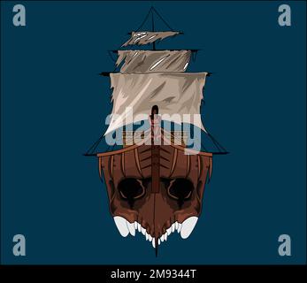 pirate ship tattoo vector illustration on white background Stock Vector