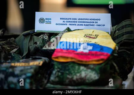 Colombian police General Henry Sanabria gives a press conference in Bogota, Colombia, after Colombian transit police ceased firearms and FARC dissiden Stock Photo
