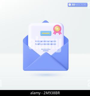 Mail and certificate icon symbols. Newsletter, Gift voucher, Legal Documents, Award diploma concept. 3D vector isolated illustration, Cartoon pastel M Stock Vector