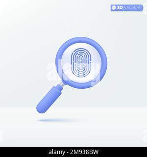 Magnifying glass with fingerprint icon symbols. Search, discovery, research, analysis Encryption, biometric identity authorized concept. 3D vector iso Stock Vector