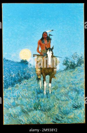 The Outlier Frederic Sackrider Remington (American, 1861-1909). The Outlier, 1909. Oil on canvas, frame: 51 1/2 x 38 1/2 x 2 in. (130.8 x 97.8 x 5.1 cm).  In this nocturnal scene, the Native American appears as something of a lone relic, disconnected from his culture and ambiguously detached from a specific historical moment. Depicted in isolation, the figure simultaneously suggests former glory and inevitable demise, a fate that most European Americans at this time considered to be certain for Native Americans. Frederic Sackrider Remington painted many versions of the solitary Native American Stock Photo