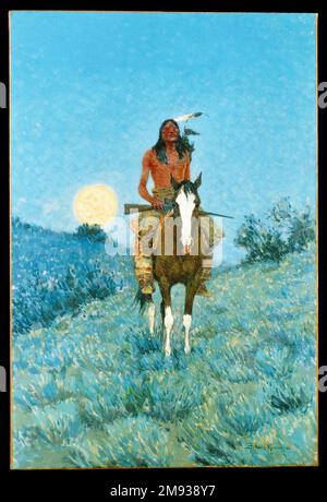 The Outlier Frederic Sackrider Remington (American, 1861-1909). The Outlier, 1909. Oil on canvas, frame: 51 1/2 x 38 1/2 x 2 in. (130.8 x 97.8 x 5.1 cm).  In this nocturnal scene, the Native American appears as something of a lone relic, disconnected from his culture and ambiguously detached from a specific historical moment. Depicted in isolation, the figure simultaneously suggests former glory and inevitable demise, a fate that most European Americans at this time considered to be certain for Native Americans. Frederic Sackrider Remington painted many versions of the solitary Native American Stock Photo