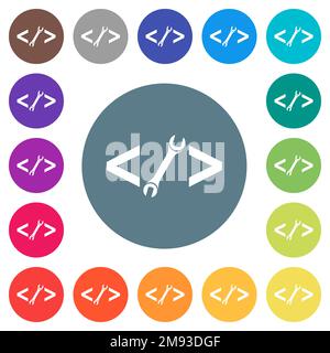 Web development with wrench flat white icons on round color backgrounds. 17 background color variations are included. Stock Vector