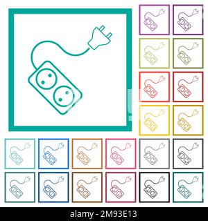 Portable electrical outlet with two sockets and extension cord and plug outline flat color icons with quadrant frames on white background Stock Vector