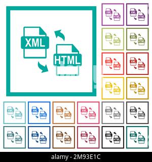 XML HTML file conversion flat color icons with quadrant frames on white background Stock Vector