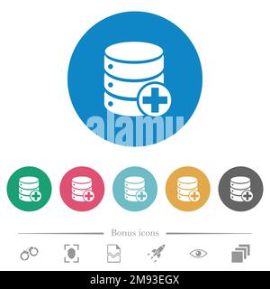 Add to database flat white icons on round color backgrounds. 6 bonus icons included. Stock Vector