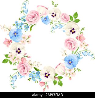 Floral wreath with pink, white, and blue lisianthus flowers, pansy flowers, bluebells, and forget-me-not flowers. Floral circle frame. Vector illustra Stock Vector