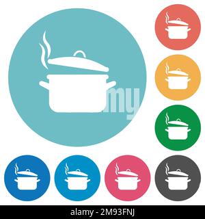 Steaming pot with lid flat white icons on round color backgrounds Stock Vector