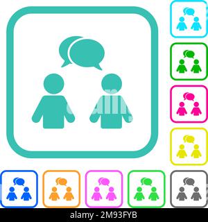 Two talking persons with oval bubbles solid vivid colored flat icons in curved borders on white background Stock Vector