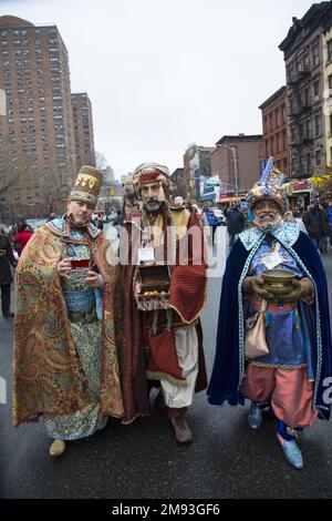 Portrait of the wisemen in the 2023 Three Kings Day Parade along 3rd Avenue in Spanish Harlem, hosted by El Museo del Barrio, New York’s leading Latino cultural institution. One of the El Museo del Barrio large artistic puppets that lead the parade each year. Stock Photo