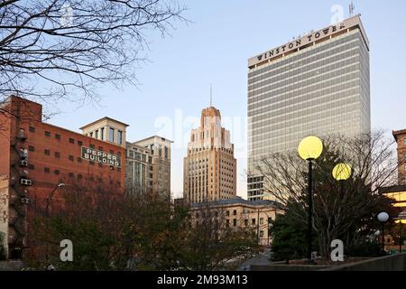 Winston Salem, North Carolina, NC downtown at dusk Stock Photo