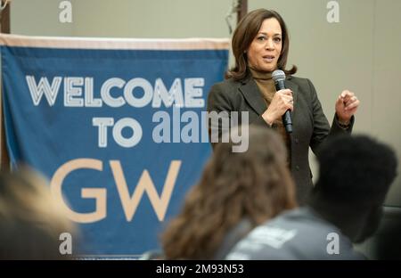 Washington, DC. 16th Jan, 2023. United States Vice President Kamala Harris delivers remarks while participating in a Martin Luther King Jr. Day service project at George Washington University on Monday, January 16, 2023 in Washington, DC. Vice President Harris, who is joined by Department of Education Secretary Miguel Cardona and Michael Smith, CEO of AmeriCorps, meets with volunteers and help put together academic kits for Jumpstart students. Credit: Leigh Vogel/Pool via CNP/dpa/Alamy Live News Stock Photo