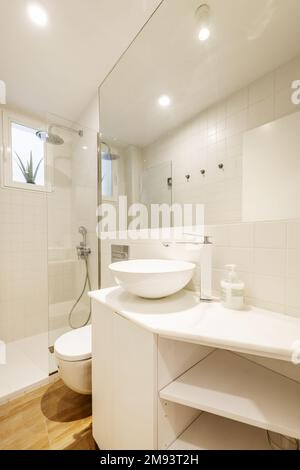 Bathroom with white wood cabinets, white porcelain hemispherical sink, large built-in mirror, and glass-enclosed shower stall Stock Photo