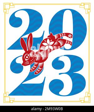 Big 2023 numbers with wave pattern and red rabbit jumping between it, celebrating the Chinese New Year of this zodiac animal. Stock Vector