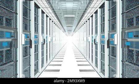 Front view of data center corridor with white servers with blue lights on both sides projecting into infinity with white light at the end of the serve Stock Photo
