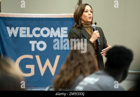 United States Vice President Kamala Harris delivers remarks while participating in a Martin Luther King Jr. Day service project at George Washington University on Monday, January 16, 2023 in Washington, DC. Vice President Harris, who is joined by Department of Education Secretary Miguel Cardona and Michael Smith, CEO of AmeriCorps, meets with volunteers and help put together academic kits for Jumpstart students. Credit: Leigh Vogel/Pool via CNP /MediaPunch Stock Photo