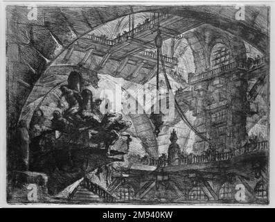 Invenzioni Capric di Carceri; Hind 10, First State of Three Giovanni Battista Piranesi (Italian, Venetian, 1720-1778). Invenzioni Capric di Carceri; Hind 10, First State of Three, ca. 1749. Etching on laid paper, 16 1/4 x 21 5/16 in. (41.2 x 54.2 cm).  Around 1749–50 Giovanni Battista Piranesi published an ambitious series of fourteen large etchings known as The Imaginary Prisons. These plates depict vast, labyrinthine spaces spanned by vaults and arches, crossed by seemingly endless staircases, and filled with hooks, chains, and ropes that suggest machines of torture. The enormous chambers dw Stock Photo