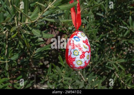 Easter Eggs on the trees. Traditional bulgarian national decoration for Easter. High quality photo Stock Photo