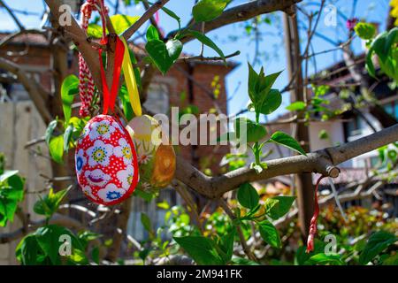 Easter Eggs on the trees. Traditional bulgarian national decoration for Easter. High quality photo Stock Photo