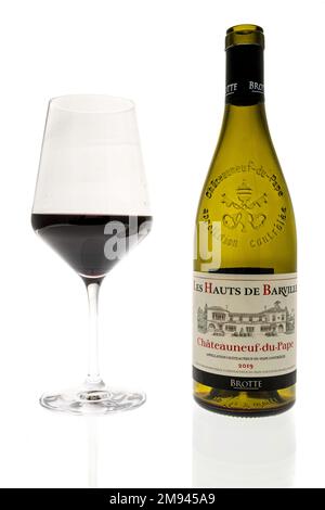 Winneconne, WI - 8 January 2023: A bottle of Les Hauts de barville chateauneuf du pape wine on an isolated background. Stock Photo