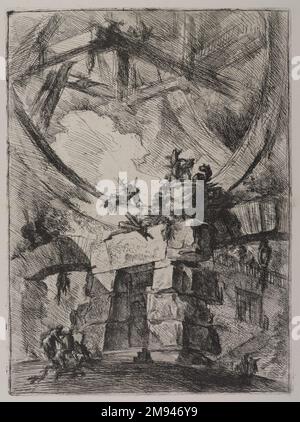 Invenzioni Capric di Carceri, Hind 9, First State of Three Giovanni Battista Piranesi (Italian, Venetian, 1720-1778). Invenzioni Capric di Carceri, Hind 9, First State of Three, ca. 1749. Etching on laid paper, 21 13/16 x 16 1/8 in. (55.4 x 40.9 cm).  Around 1749–50 Giovanni Battista Piranesi published an ambitious series of fourteen large etchings known as The Imaginary Prisons. These plates depict vast, labyrinthine spaces spanned by vaults and arches, crossed by seemingly endless staircases, and filled with hooks, chains, and ropes that suggest machines of torture. The enormous chambers dwa Stock Photo