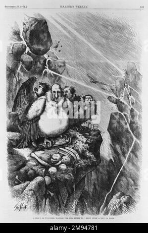 A Group of Vultures Waiting for the Storm to 'Blow Over' - 'Let Us Prey' Thomas Nast (American, 1840-1902). A Group of Vultures Waiting for the Storm to 'Blow Over' - 'Let Us Prey,' 1871. Wood engraving on newsprint paper, Image: 13 11/16 x 11 1/4 in. (34.8 x 28.5 cm).   American Art 1871 Stock Photo