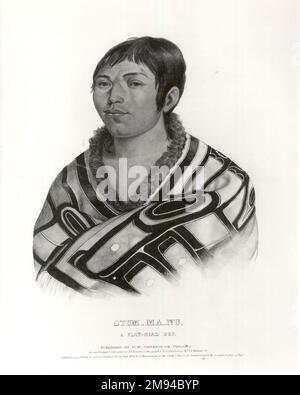 Stum - Ma - Nu, A Flat-Head Boy L.J. Bowen. , 1838. Lithograph, hand-colored on paper, 9 1/2 x 8 1/8 in. (24.1 x 20.6 cm).   American Art 1838 Stock Photo