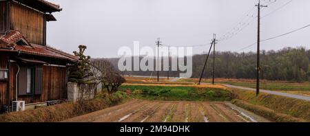Old Wooden Japanese House by Small Rice Field and Country Road on Cloudy Day Stock Photo