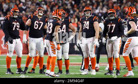 Cincinnati, United States. 16th Jan, 2023. Cincinnati Bengals quarterback  Joe Burrow (9) and Sam Hubbard (94) celebrate after defeating the Baltimore  Ravens 24-17 in their AFC Wild Card game at Paycor Stadium