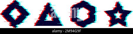 Glitch distorted geometric shapes set. Square, triangle, star, hexagon with TV or vhs noise. Futuristic destroyed design elements collection Stock Vector