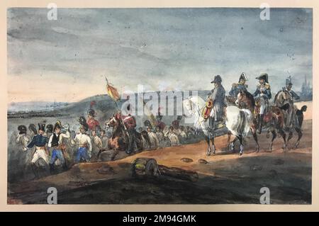 Napoleon Reviewing the Wounded and Prisoners After the Battle of Wagram Joseph-Louis-Hippolyte Bellangé (French, 1800-1866).. Watercolor   European Art Stock Photo