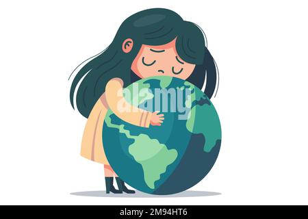 little girl hugs the planet. care for planet earth. save nature. flat vector illustration. Stock Vector