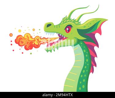 green fire breathing dragon character. ancient reptile from legends. flat vector illustration. Stock Vector