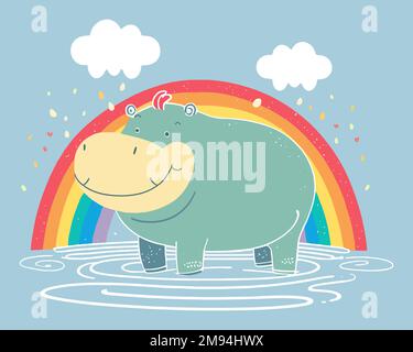 hippopotamus character stands in a puddle under the rainbow. flat vector illustration. Stock Vector